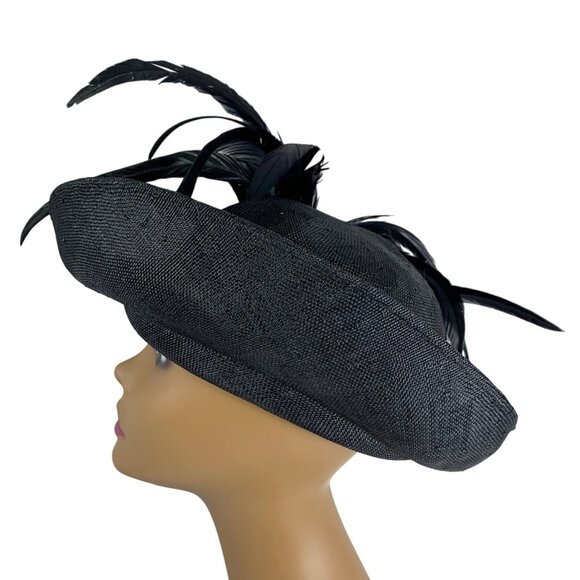 VTG Mr Charles Black Straw Hat w/ Elegant Feather Accent Satin Band Fancy Derby - Picture 5 of 6